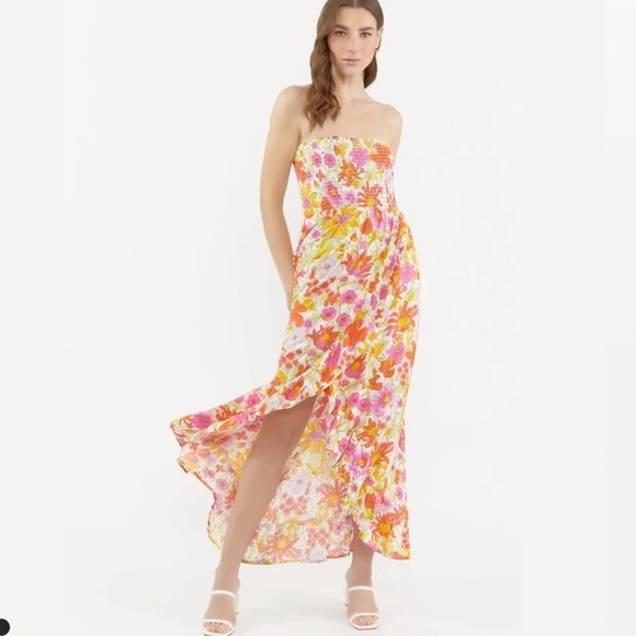 Forever 21 NWT floral maxi ruffle low back strapless dress with slit size M - Picture 1 of 9